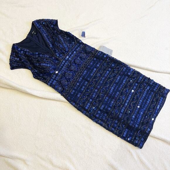 Giulia Embellished Cap Sleeve V-Neck Blue Midi Dress | Sz 6 - Picture 6 of 7